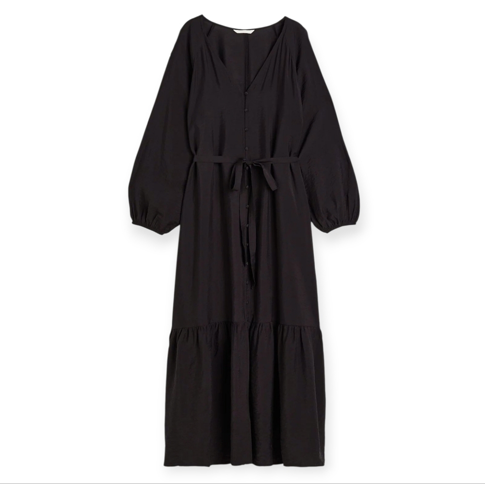 {H&M} Black Balloon Sleeve Button-Down Tie-Belt Maxi Dress - Size Large